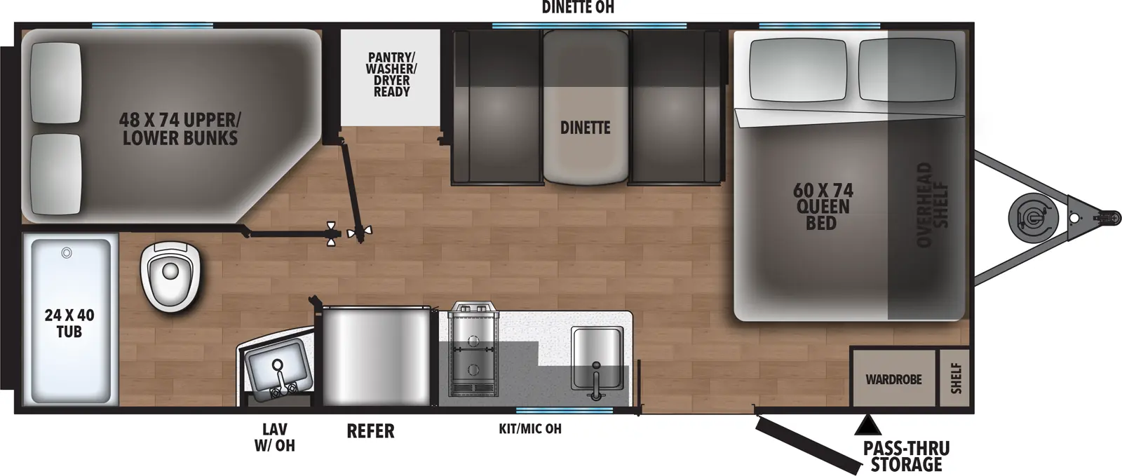 The Northern Spirit DLX & Compact 180DBL floorplan has one entry and zero slide outs. Exterior features include: metal exterior. Interiors features include: bunk beds and front bedroom.